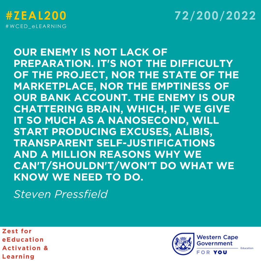 WCED_eCulture's tweet photo. #ZEAL200
Zest for eEducation Activation & Learning
Today marks DAY 72/200/2022
Remember:
"Whatever you choose to do, do it with Z.E.A.L"
Share your thoughts and experiences in the comments.
Don't forget to follow our hashtag!
#WCEDeLearning #elearning #wced https://t.co/ySNJNMM0DW