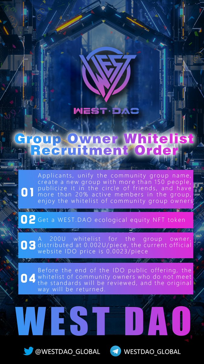 Group Owner Whitelist Recruitment Order
Applicants, unify the community group name, create a new group with more than 150 people, publicize it in the circle of friends, and have more than 20% active members in the group, enjoy the whitelist of community group owners.