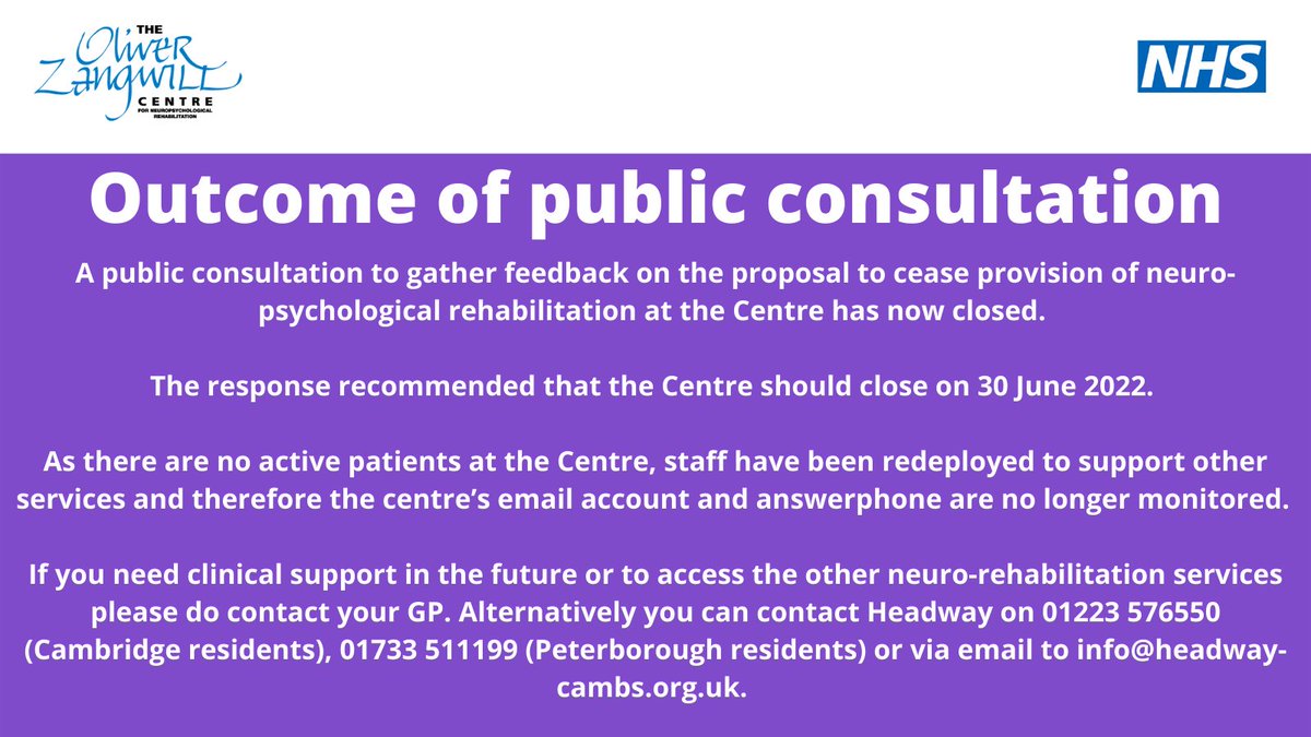 A public consultation to gather feedback on the proposal to cease provision of neuro-psychological rehabilitation at OZC has now closed. 
 
The response recommended that the Centre should close on 30 June 2022. You can read the full response at bit.ly/3szi6gi