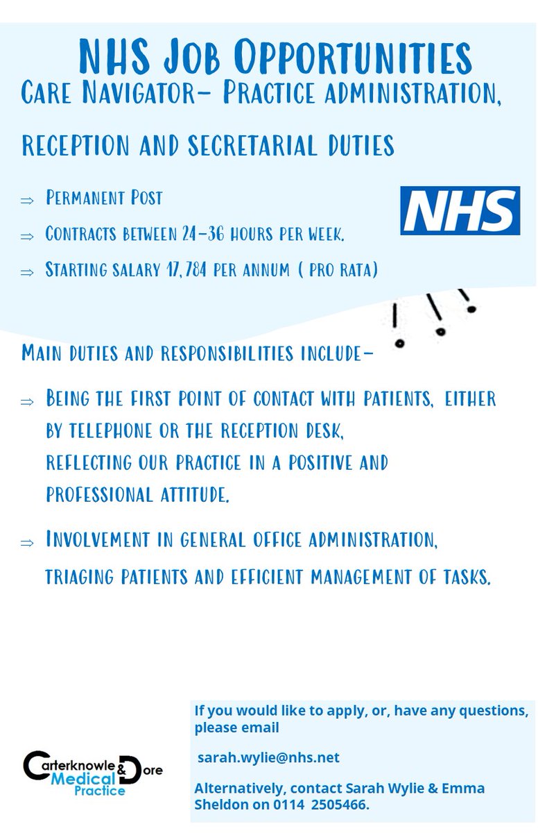 Carterknowle_mc's tweet photo. Can you think on your feet and respond in a fast paced environment? 

Do you want a fulfilling career within the NHS? 

If you answered yes, we may have a vacancy for you 👇

Medical Receptionist &amp; Care Navigator

#SheffieldJobs https://t.co/O4gA1ItW7t