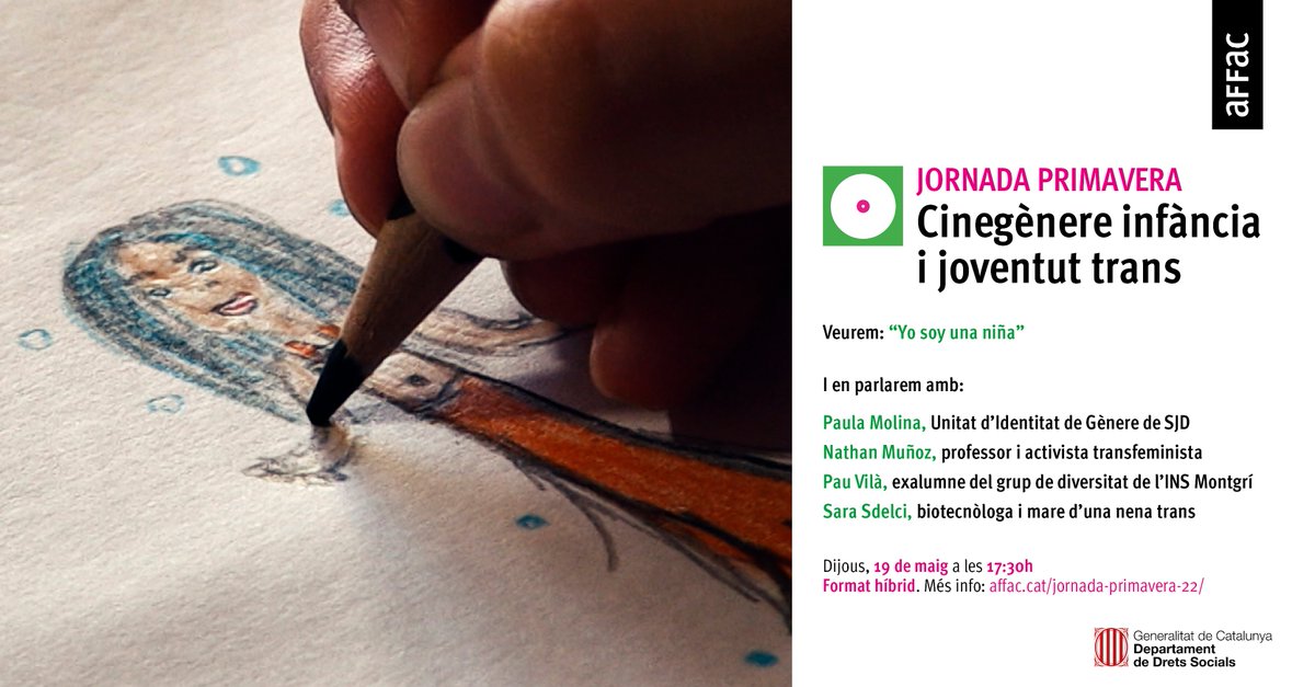 affac_cat's tweet photo. 📆 El proper 19 de maig (17:30h) celebrarem la  🌼🎞️ "Jornada de primavera: Cinegènere infància i joventut trans" 

➡️ Visionarem el curt "Yo soy una niña" de @RichardZubelzu i comptarem amb la participació d'expertes i testimonis.

✍️ INSCRIPCIONS: https://t.co/vGpR0uPqB6 https://t.co/jhUFt5ayZz