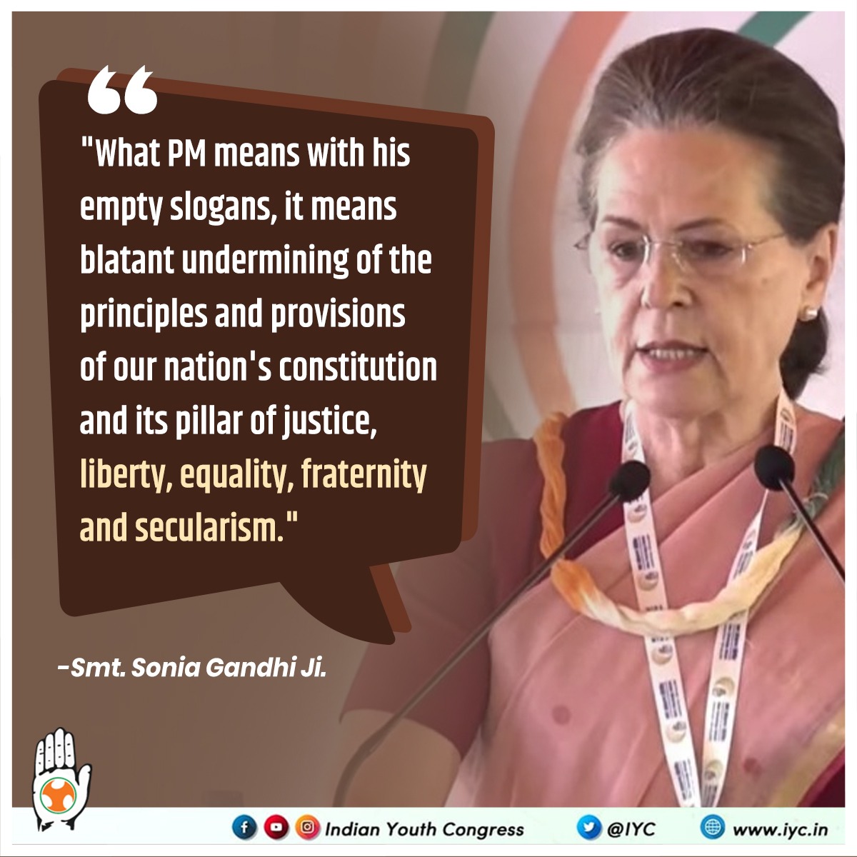 IYC's tweet photo. "What PM means with his empty slogans, it means blatant undermining of the principles and provisions of our nation's constitution and its pillar of justice, liberty, equality, fraternity and secularism." : Smt Sonia Gandhi Ji at Udaipur.

#NavSankalpShivir https://t.co/eyh79ZZR9R