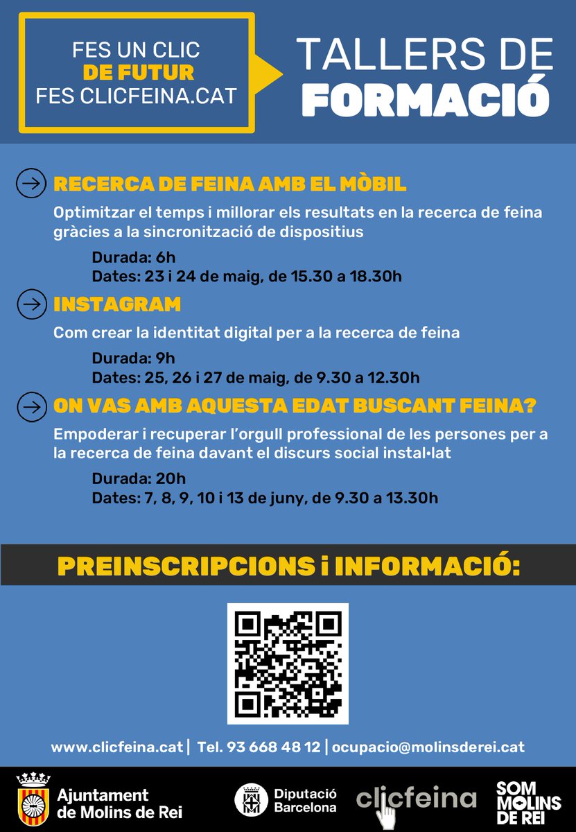 Ocupacio_MdR's tweet photo. 📡Oberta la preinscripció per als tallers formatius del maig i juny, orientats a la millora de l'ocupabilitat, organitzats per l'@AjMolinsdeRei i subvencionats per la @diba 

Inscripcions: 🔗https://t.co/3hE7QAPMDx
☎️ 93 668 48 12

#formació #ocupació #fesunclic #MolinsdeRei https://t.co/w9uAN33oOE