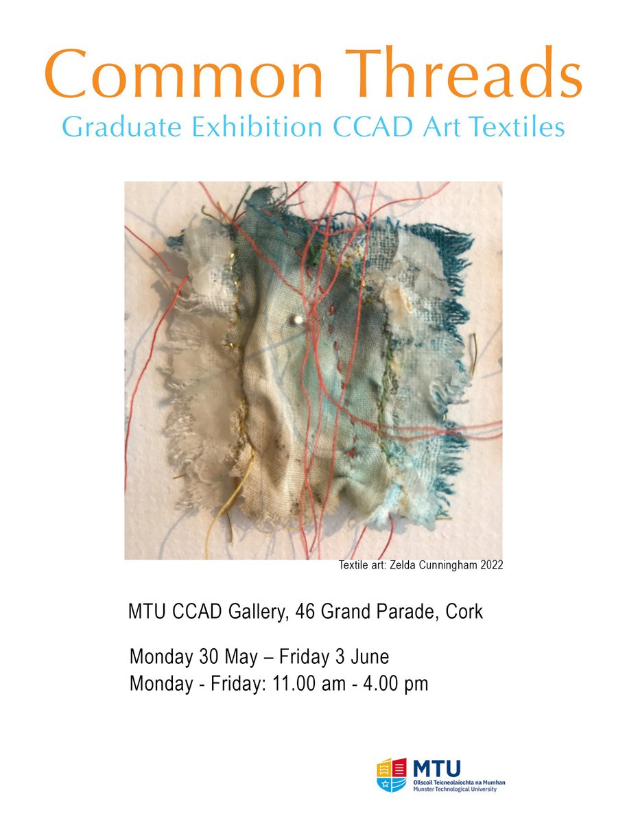 MTU Gallery at 46 Grand Parade (@mtugalleryat46) on Twitter photo Coming next to <a href="/MTUgalleryat46/">MTU Gallery at 46 Grand Parade</a> #CommonThreads / Textile works by 2022 graduating Art Textile Students - Dee Cafferkey | Zelda Cunningham | Ramona Farrelly | Mary Goggin | Dee Hurley | Ruta Ivanauskaite | Judy Lawler | Veronica Santorum.
More info & images coming soon! Coming next to <a href="/MTUgalleryat46/">MTU Gallery at 46 Grand Parade</a> #CommonThreads / Textile works by 2022 graduating Art Textile Students - Dee Cafferkey | Zelda Cunningham | Ramona Farrelly | Mary Goggin | Dee Hurley | Ruta Ivanauskaite | Judy Lawler | Veronica Santorum.
More info & images coming soon!