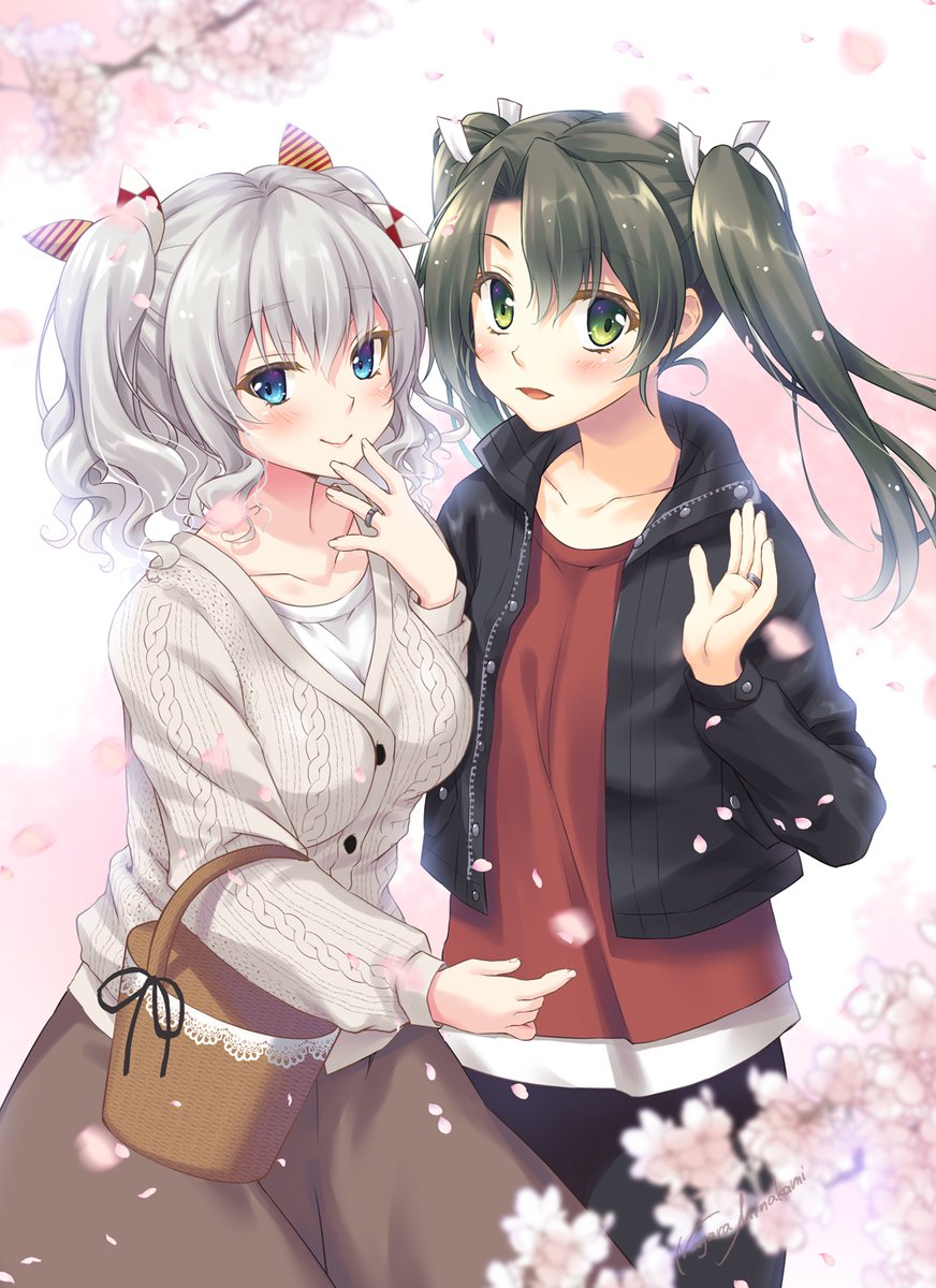 kashima (kancolle) ,zuikaku (kancolle) twintails multiple girls 2girls grey hair green eyes jacket blue eyes  illustration images