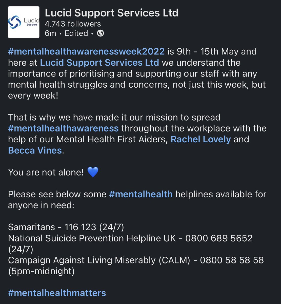 #mentalhealthawarenessweek2022 is 9th - 15th May and here at <a href="/LucidSupport/">Lucid Support Services</a> we understand the importance of prioritising and supporting our staff with any mental health struggles and concerns, not just this week, but every week! 

#MentalHealthAwarenessWeek #mentalhealth
