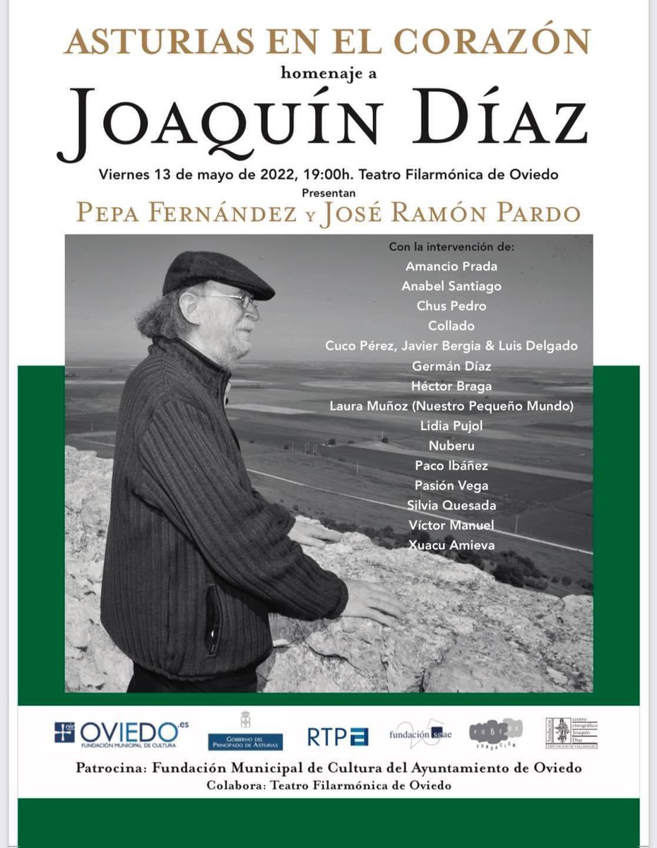 PasionOficial's tweet photo. Es todo un honor para mí poder participar en el Homenaje a Joaquín Díaz, músico y folclorista, al que tanto admiro. Compartiendo cartel con compañeros que han marcado mi forma de entender la música. Disfrutaré de cada verso, de cada palabra @culturaoviedo #Jacobodemiguel https://t.co/PUkX8M3ho2