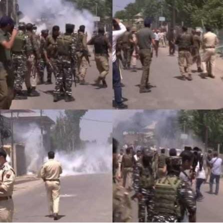 sandeepdhar10's tweet photo. This is how poor Kashmiri Pandit Govt employees were tear-gassed and lathicharged in #Budgam earlier today. Is this what Kashmiri Pandits deserve for unfurling Indian tricolour and worshiping our Mother India in Kashmir? Shocking silence by the Government. https://t.co/UGimBZzzKk