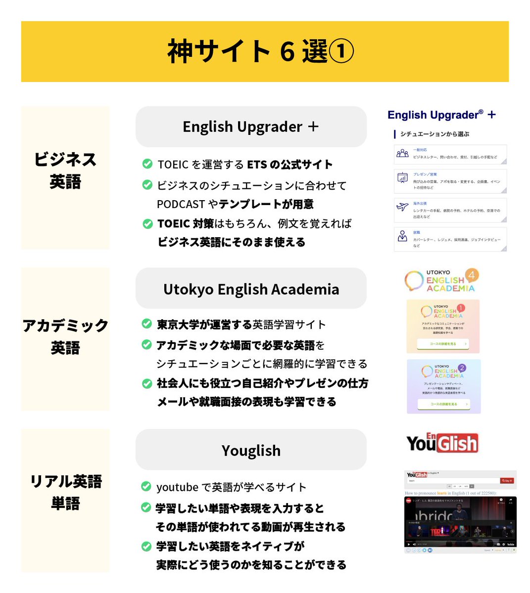 _Libarts's tweet photo. 英語講師が"本気で"オススメする「無料で英語が学べる神サイト6選」

TOEIC対策、ビジネス英語、アカデミック英語、生の英語を学びたい方はぜひご活用ください。 https://t.co/khrYN0lLlZ