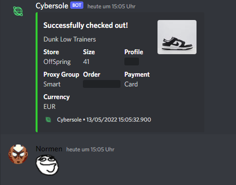 Nice cop
Bot: <a href="/Cybersole/">Cybersole</a> <a href="/cybersolefeed/">Cybersole Success</a> 
Proxies: @TyphonProxies 
ACO: <a href="/Sky_Acoo/">Sky Aco</a>
