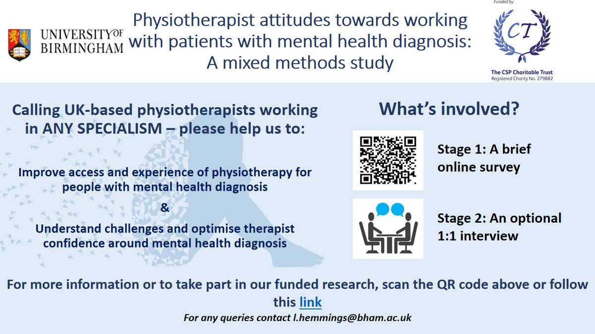 As physio's we are ALL likely to see people struggling with their physical AND mental health

In #MentalHealthAwarenessWeek2022,help⬆️access & experience of physio for people with diagnoses including depression, anxiety & schizophrenia

For more info visit bham.qualtrics.com/jfe/form/SV_ab…