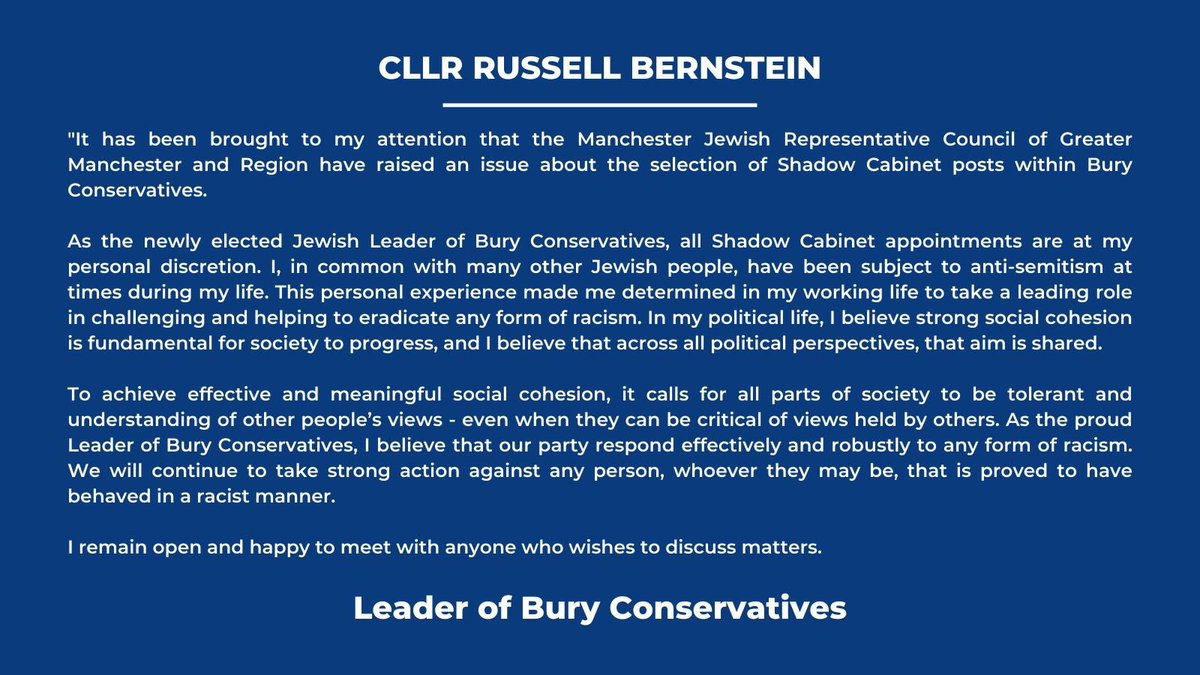 Statement from Cllr. Russell Bernstein, the new leader of the @BuryTories group on Bury Council: