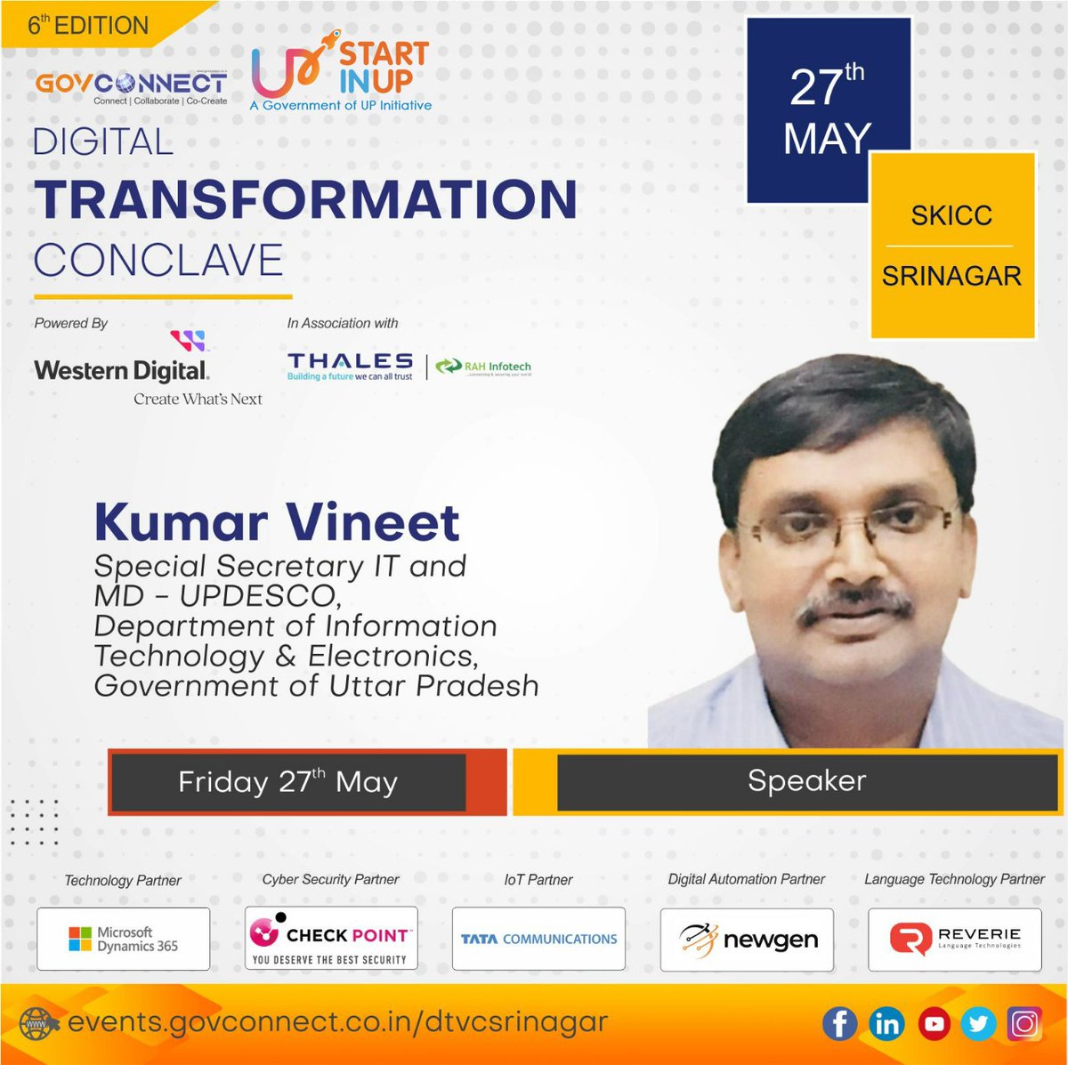 UPStartuppolicy's tweet photo. #GOVCONNECT is organizing the 6th edition of #DigitalTransformationConclave on 27th May'22.
Shri @kumarvineet12, Special Sec. IT & MD - UPDESCO, @dite_up will be speaking at the event.
Register Now!
https://t.co/xWmumVDoxt
@MLAYogendraBJP @AjitSinghPal_ @akl963 @tabhishek02 https://t.co/nl7wq8UOO6