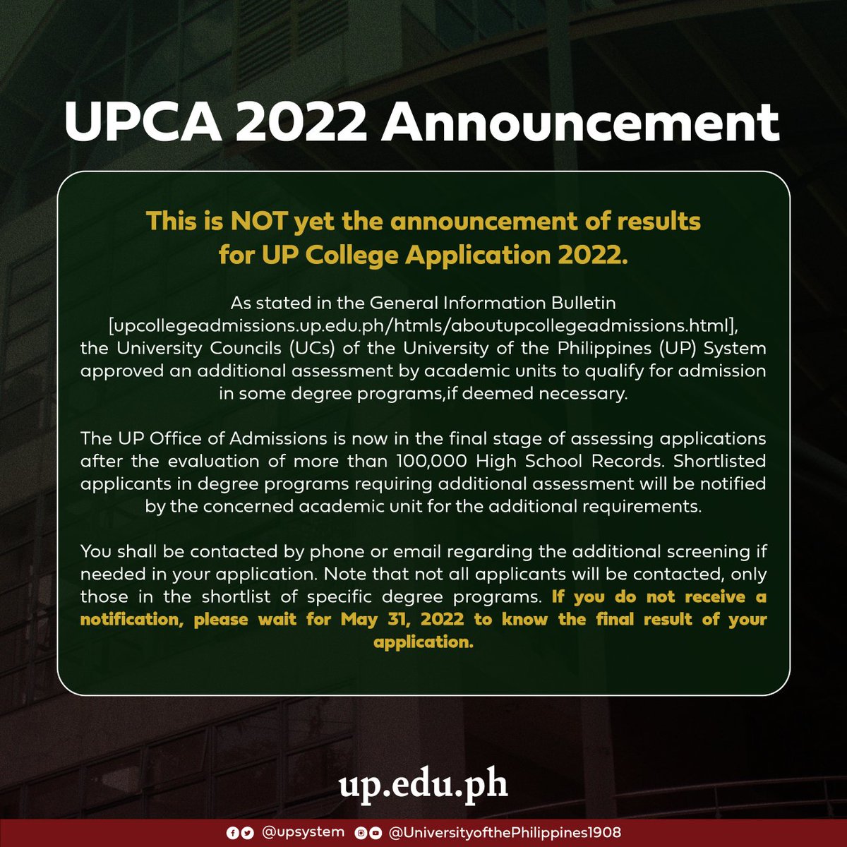 upsystem's tweet photo. The Office of Admissions UPCAT - U.P. System has released an update on the University of the Philippines College Admissions (UPCA) 2022. https://t.co/Bfy65eDeDP