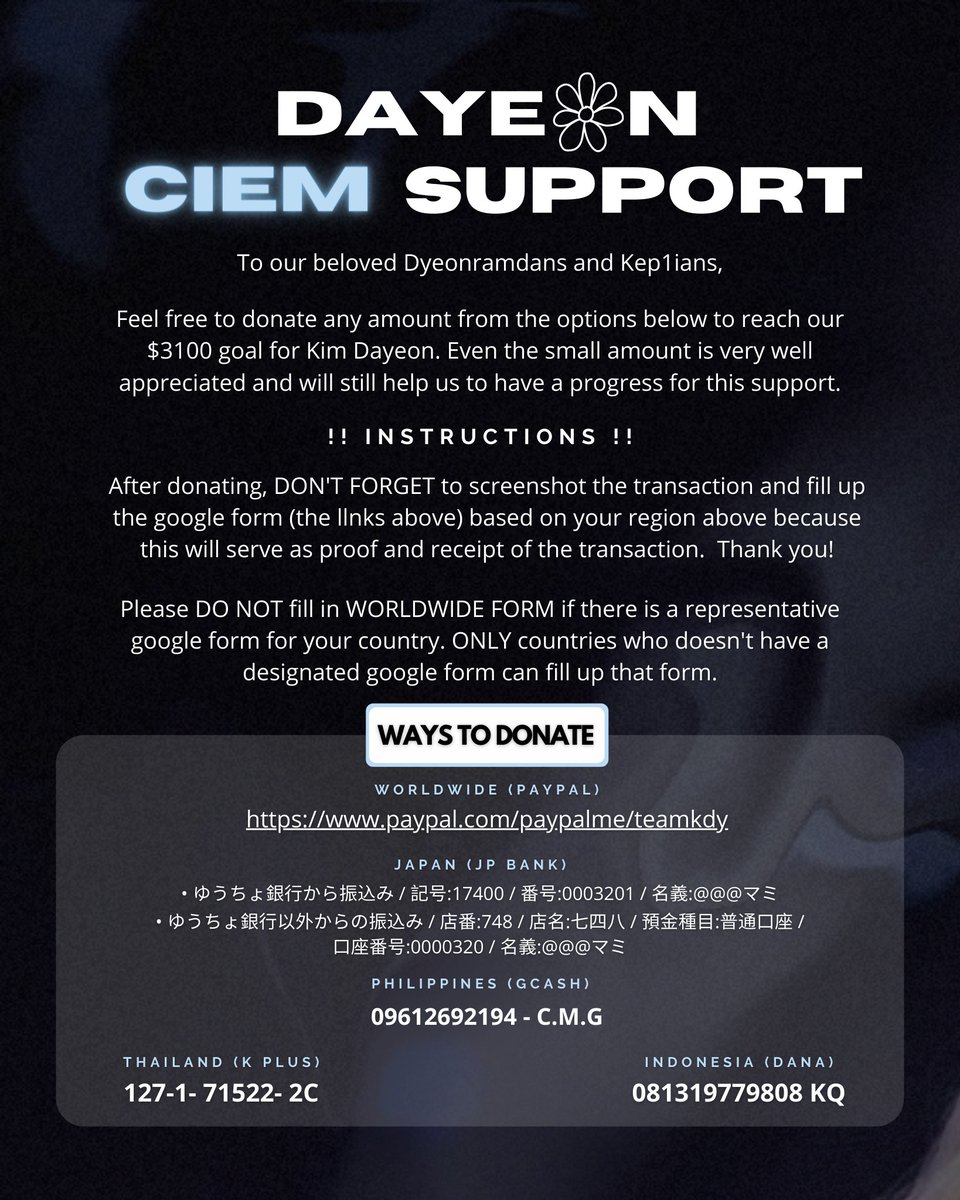 [PROJECT] 220514 | #DAYEON's CIEM PROJECT 💙

Donate here!
🌍: bit.ly/kdyciem_ww
🇵🇭: bit.ly/kdyciem_ph
🇹🇭:bit.ly/kdyciem_th
🇵🇱: bit.ly/kdyciem_id
🇯🇵: bit.ly/kdyciem_jp

CHECK OUT THE LINKS ABOVE FOR DONATION. CHECK OUT THIS THREAD FOR MORE INFO.