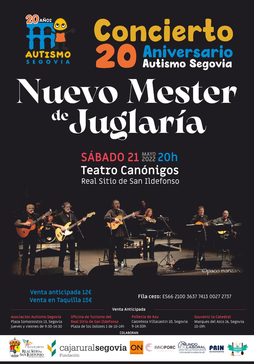 AutismoCyL's tweet photo. El Nuevo Mester de Juglaría se suma al 20 aniversario de @AutismoSegovia con un🪕concierto🎻solidario.
🗓️21 de mayo a las 20h en el Teatro Canónigos del @RSSanIldefonso @TurismoLaGranja  
¡𝗘𝗻𝘁𝗿𝗮𝗱𝗮𝘀 𝗬𝗔 𝗮 𝗹𝗮 𝘃𝗲𝗻𝘁𝗮!
#20añosAutismoSegovia
#TuEresAlucinante https://t.co/fu0xHGpWKj