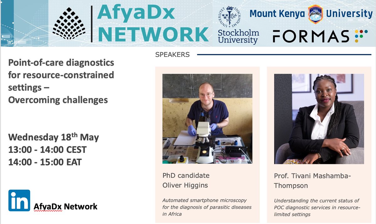 Our next workshop in the AfyaDx Network for maternal health in resource limited settings will run 18 May. Sign up here bit.ly/3MjutVW &amp; share. We have <a href="/OllieHigginsSci/">Oliver Higgins 🔬</a> from <a href="/joncoopervp/">Jon Cooper</a> <a href="/UofGlasgow/">University of Glasgow</a> (UK) and <a href="/ThompsonTivani/">Tivani #BuildingBackFairer Thompson</a> from <a href="/UPTuks/">University of Pretoria</a>. <a href="/Stockholm_Uni/">Stockholm University</a> <a href="/MountKenyaUni/">MountKenyaUniversity</a>