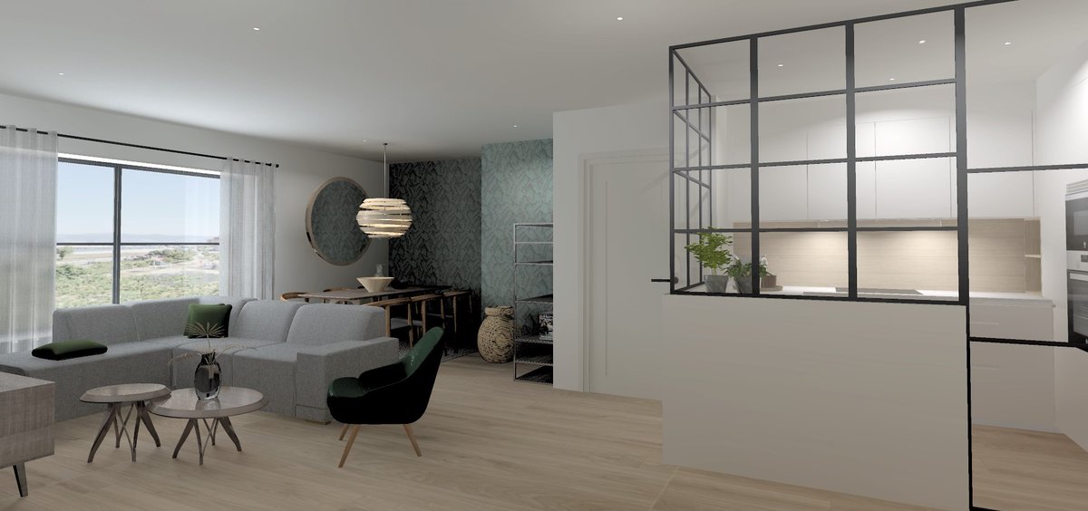 Una #cocinapequeña pero confortable | Las ventanas interiores permiten ampliar visualmente el espacio, además de dotar de luminosidad a una estancia sin luz natural. Los muebles de color blanco acentúan ese efecto, mientras que el panel pared en Olmo Claro aporta calidez.
