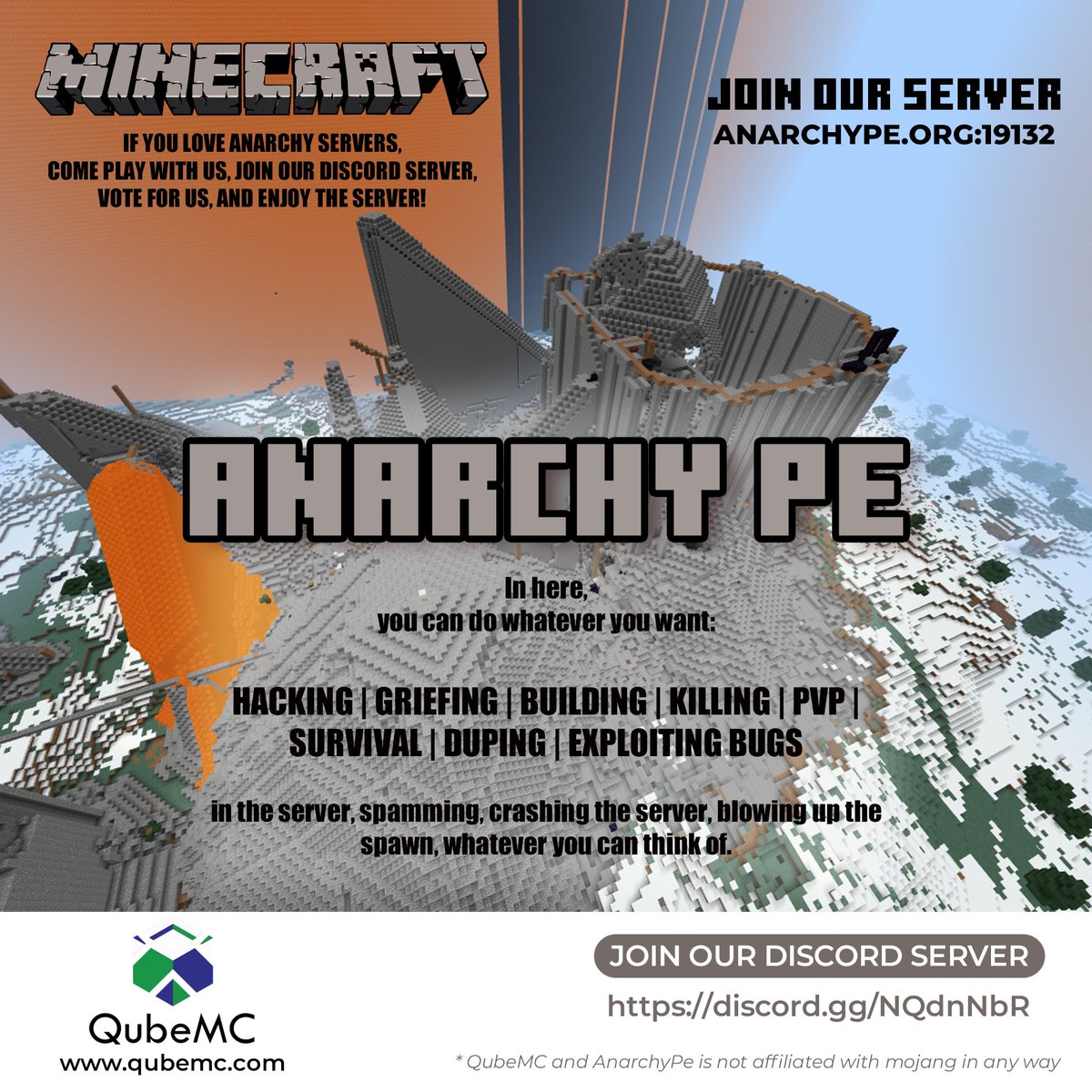 qubemcllc's tweet photo. Starting another anarchy server in the QubeMC Network after we recently sold 2b2tmcpe, come join us!

#Minecraft #Survival #MinecraftServer #2b2tmcpe #2b2t #anarchy #minecraftanarchy https://t.co/INbFcugtQi