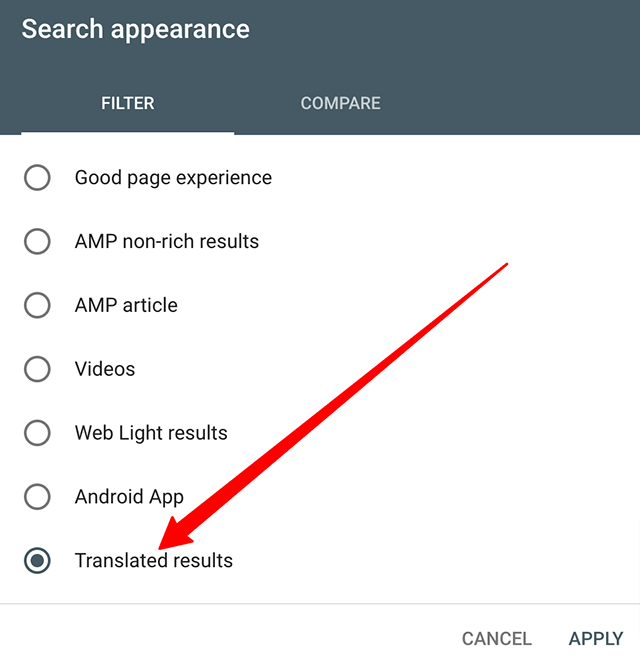 rustybrick's tweet photo. Google Search Console performance report new search appearance filter named “translated results” https://t.co/IXBDIYYJSR https://t.co/KsUvV0HvZE
