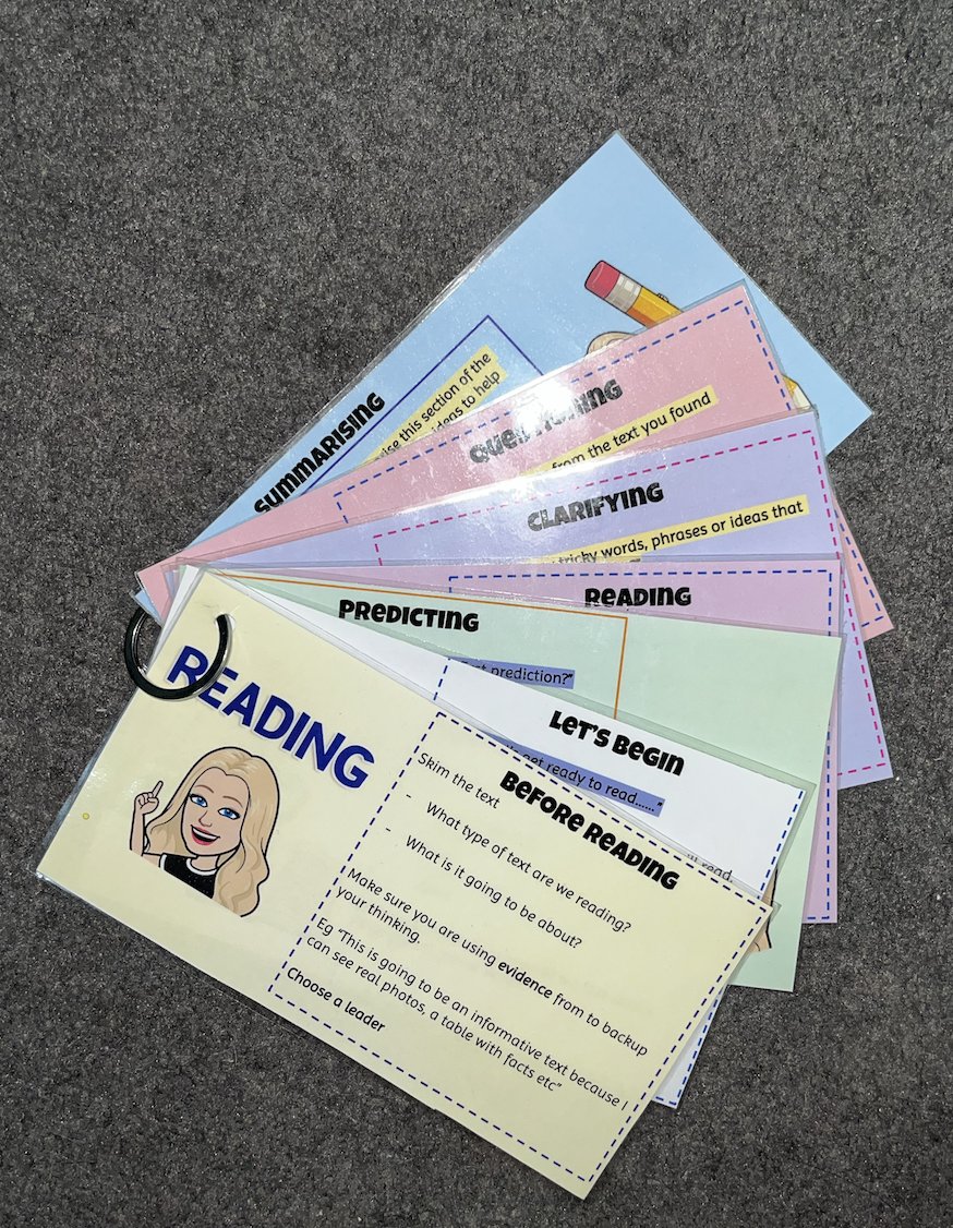 e_smallwood13's tweet photo. We have been doing the reciprocal reading process during guided reading this term. These reciprocal reading cards have been a teacher's best friend! The leader can navigate understanding a text with the group just by following these cards. #acuedu_p https://t.co/S3MTrBGHsR