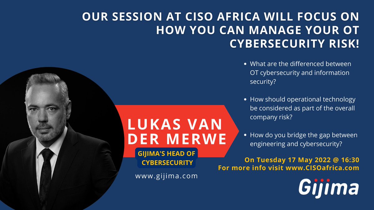 GijimaPeople's tweet image. IT and OT Cybersecurity differ in fundamental ways, Join Gijima at CISO Africa 202 CISOafrica.com and learn more on how you can mitigate your OT Cybersecurity risk! @CoriniumGlobal

#Gijima #BeyondPrevent #AdvancedCybersecurity