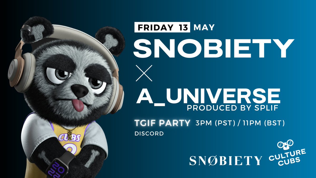 SankSanne's tweet photo. TGIF Party in our discord tonight! 🤩 @snobietyclub 

Let's take our minds off all the craziness of this past week! 🤯 
Just throw around loads of GIFs and good vibes in the chats while vibing to @AviBernard's set! 🔥

Join us https://t.co/7xe6cUwMUx ✨

@CryptoSplif #CCubs #NFT https://t.co/7zqLLklxcM