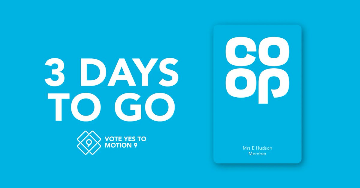 CoopParty's tweet photo. 📢 There are just 3 days left to Vote #YesToMotion9 and keep the historic partnership between @coopuk and @coopparty going! Find out more about our work together on issues like food justice, protecting shop workers from violence and promoting Fairtrade 👉 https://t.co/4HeJdad0OE https://t.co/LsCrk1eavI