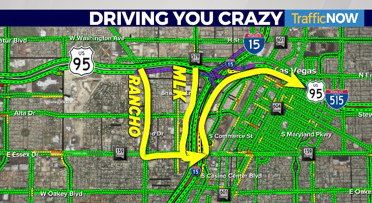 ntannenbaum's tweet image. 4:00am - **SOUTHBOUND US95**

**CLOSED** at THE SPAGHETTI BOWL

DETOUR SOUTH ON RANCHO OR MLK TO CHARLESTON, then north on the 15 to the 95

Updates on @8NewsNow with @JLangelerNews, @NewsieHeather &amp;amp; @sherryswensk #NVtraffic #LVtraffic #8NN