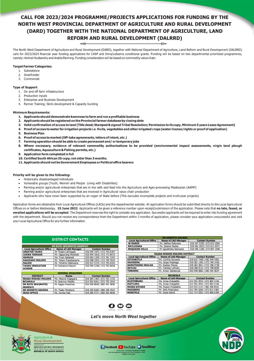 nwpg_dard's tweet photo. Call for 2023-24 Programme/Projects  applications for funding @nwpg_dard together with @DALRRDgov_ZA .@DesboMohono @thoko_didiza @NWPGOV @ARCSouthAfrica @NWK_Group @FarmersWeeklySA @AFASA_agri @MzansiAgriTalk @foodformzansi https://t.co/WEUyXoKwlI