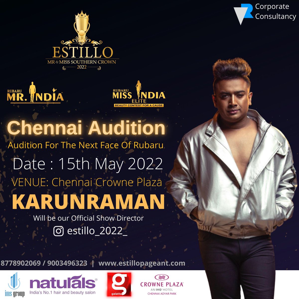 galattadotcom's tweet photo. #Estillo's Mr & Ms Southern Crown 2022 - #Chennai Audition for the next face of Rubaru ๐ฅ
โก๏ธ Show director: Celebrity Stylist #Karunraman
๐๏ธ Date: 15th May, Sunday
๐ Venue: Crown Plaza https://t.co/VE6d1mTxev