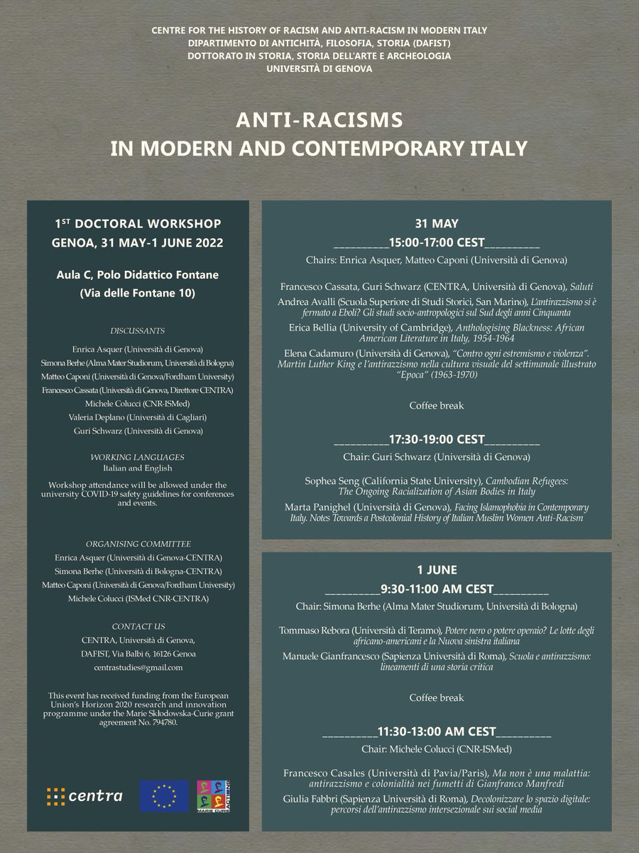 centrastudies's tweet photo. Our first doctoral workshop programme is online!
Genoa, 31 May - 1 June

Full details: https://t.co/MiYtSIenhg
@UniGenova #antiracism https://t.co/dTjSHsQkvX