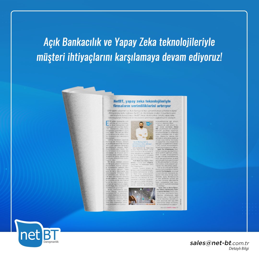 KobiEfor organizatörlüğünde ele aldığımız Açık Bankacılık ve Yapay Zeka konularını advertorial çalışmamızda birleştirdik.
Detaylar tüm e-dergiliklerde ve blogumuzda!
kobi-efor.com.tr/edergi/sayilar…

net-bt.com.tr/blog/netbt-yap…

#NetBT #YapayZeka #KobiEfor #AçıkBakacılık #OpenBanking