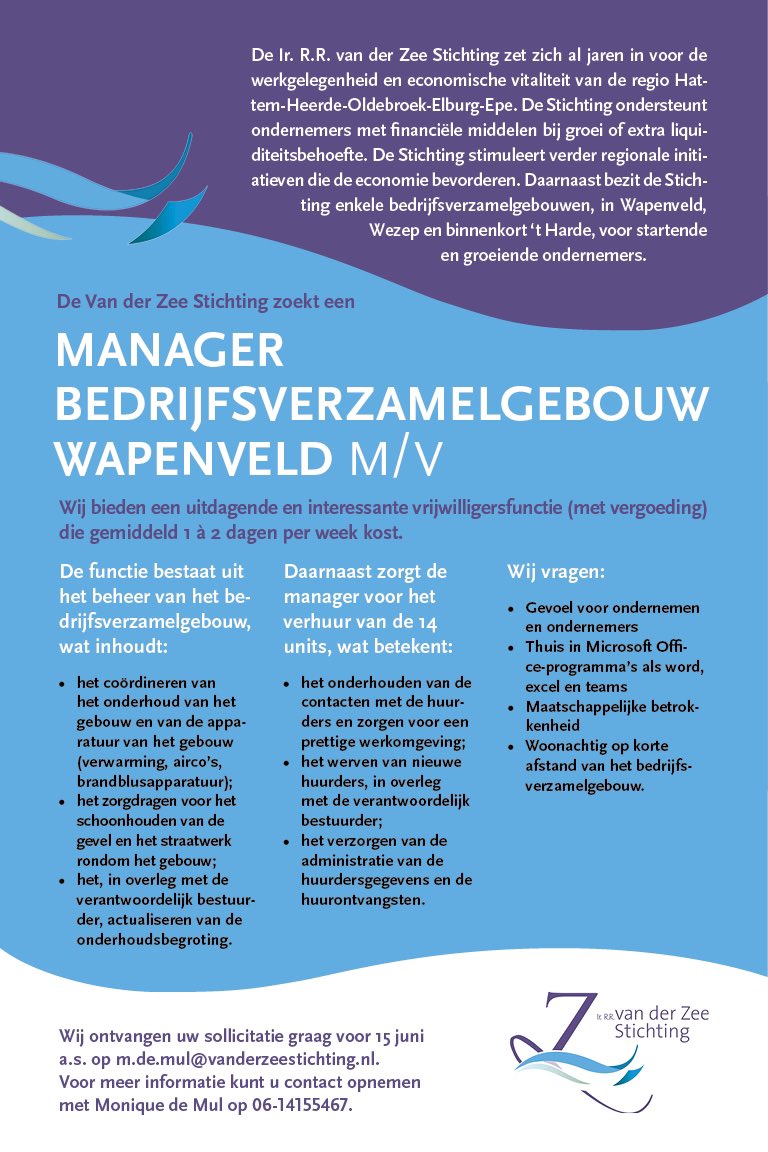 Beheerder gezocht voor Bedrijfsverzamelgebouw in Wapenveld

We zijn op zoek naar een ondernemend type als beheerder voor ons bedrijfsverzamelgebouw in Wapenveld. 
Lijkt jou dit wat? Neem dan eens contact op met Monique de Mul via m.de.mul@vanderzeestichting.nl