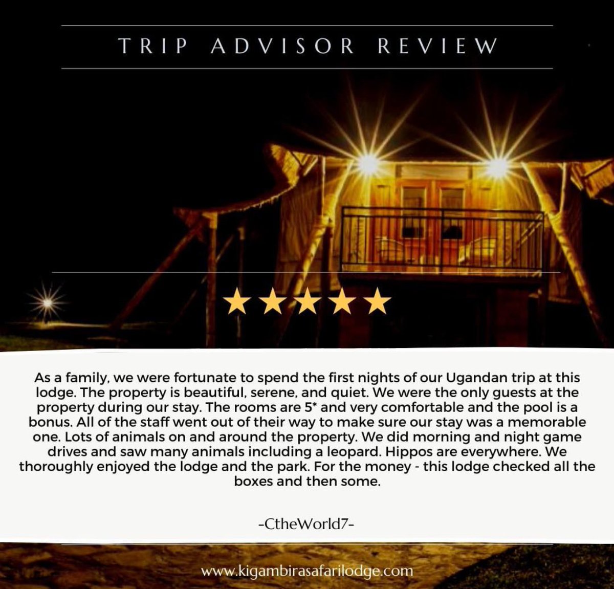 kigambira's tweet photo. It's always such a honor to host you and your family.

Planning a trip to Lake Mburo National Park? Book your stay today by sending us an email at marketing@kigambirasafarilodge.com or call 0775162835

#reviews #kigambirasafarilodge #nature #lakemburonationalpark #unwindinthewild https://t.co/R0UTozJl0p
