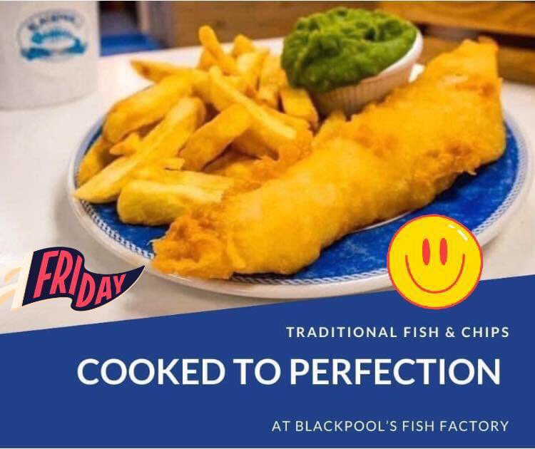 BlackpoolFish's tweet photo. Fish FRYDAY and it’s the perfect day for it…. 😊 

Come and join us for the tastiest chippy treats on the prom. We’re open all weekend - dine in or take away. 

#blackpoolfishfactory #chippy #blackpoolprom #ChippyDinner #takeaway #blackpool #chippytea #FishFriday https://t.co/Wo36nu8tFq