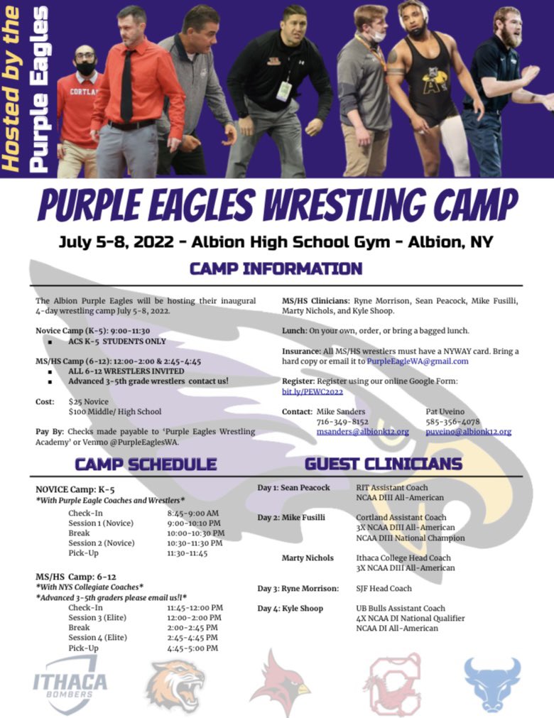 PurpleWrestles's tweet photo. ⏰ 16 hrs of instruction
🗽 5 NYS college coaches
📈 1 way to improve

Coaches, if you want to pay for a group, have them register, then you can email/text us.

Register here: https://t.co/ozBGLGgiPZ

#LetsGetBetter

@wnyroundtable @wnywrestling @WrestlingWNY @NYYWrestling https://t.co/k1a7qBSsJ8