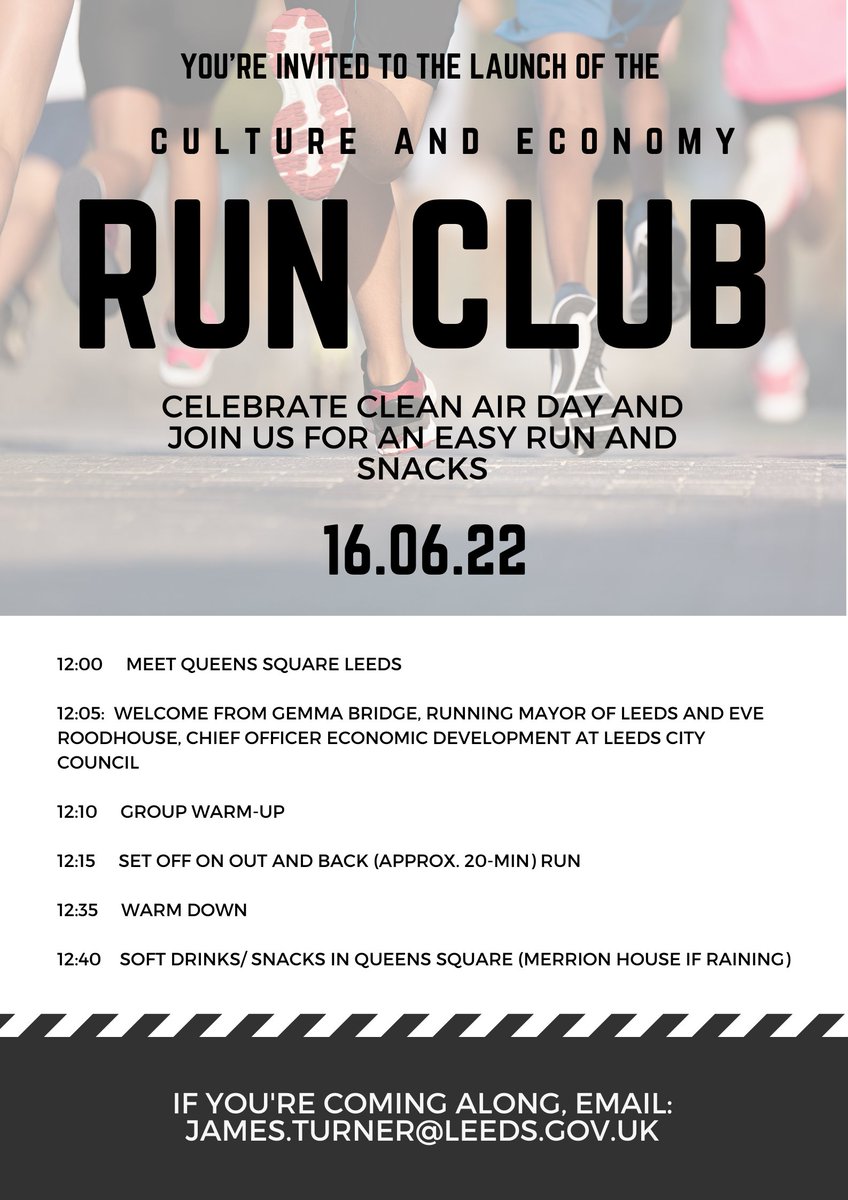 RunningMayorWY (@runmayor_wy) on Twitter photo 12 noon on June 16th 2022 will see the launch of the Culture and Economy Run Club - a monthly run group hosted by #Leeds City Council's culture and economy team.
If you're interested in joining the launch event and/or the run club, email james.turner@leeds.gov.uk. 12 noon on June 16th 2022 will see the launch of the Culture and Economy Run Club - a monthly run group hosted by #Leeds City Council's culture and economy team.
If you're interested in joining the launch event and/or the run club, email james.turner@leeds.gov.uk.