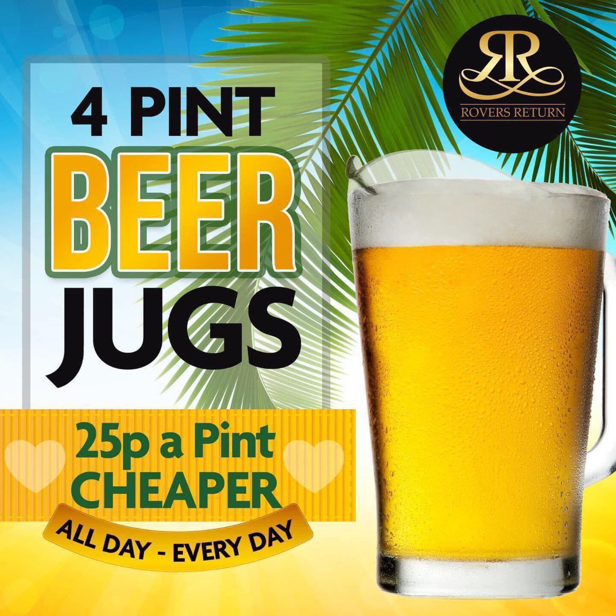 RoversReturnMCR's tweet photo. 🍻🙌 ALL DAY EVERY DAY!! 🙌🍻

Four pint BEER JUGS. Works out 25p a pint CHEAPER! 🥳🥳🥳

Open 7 days a week. 

#roversreturn #beerlover #beerjugs https://t.co/CP3Ezn1lmr
