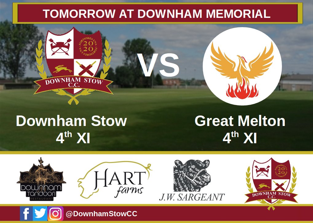 DownhamStowCC's tweet photo. 🏏TOMORROW'S HOME GAMES🏏

Our 1st XI take on local rivals @NorthRunctonCC at Stow Hall (12pm start)

Our 2nd XI take on @GreatMeltonCC 4th XI at Downham Memorial Ground (1pm start)

🍻The bar at Stow will be open all day
🌞Sunny forecast
⚽️FA Cup Final on our TV

#DSCC #SatSun https://t.co/7sOb6B104x