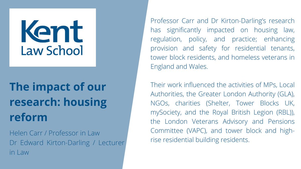 KentLawSchool's tweet photo. Research carried out by @EdKirtonDarling &amp; @helenpcarr has influenced housing law and policy, which, in turn, has improved residents’ lives. 

#REF2021 #ResearchAtKent #ImpactCaseStudy #HousingLaw #Veterans https://t.co/EFTxsWpJJ1