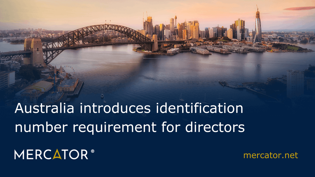 MercatorbyCitco's tweet photo. Australian Business Registry Services (ABRS) introduces identification number requirements for directors. The deadline for this requirement is 30 November 2022 for directors appointed before 1 November 2021.
For more info: https://t.co/Op6t5AONof
#RegUpdate #Australia https://t.co/SdHrWNrLz8