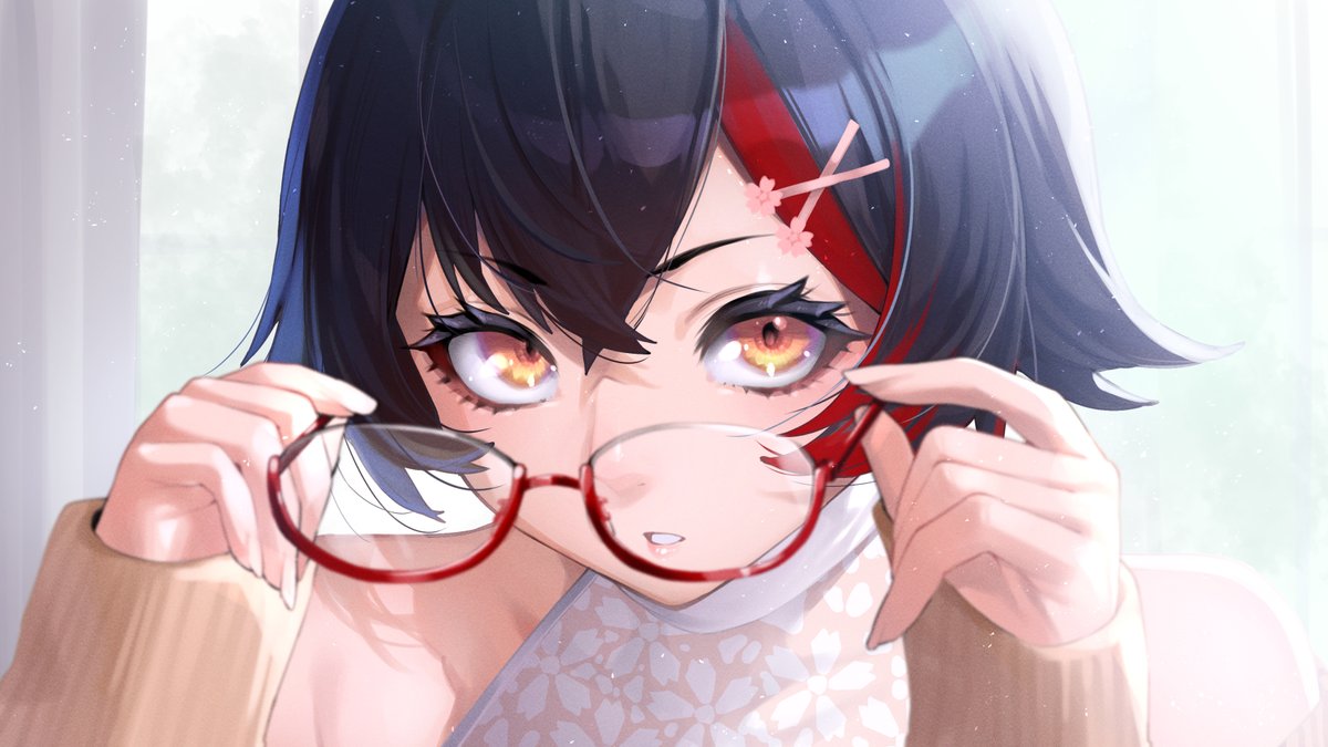 ookami mio 1girl solo glasses red hair black hair holding holding eyewear  illustration images