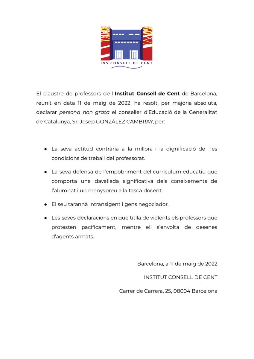docents_SMLC's tweet photo. Un centre més que se suma a la proposta de declarar el conseller @JosepGCambray persona non grata. #CambrayDimissió  @CoordiDocents @AssGrogaSants https://t.co/mOvaQcfb9J