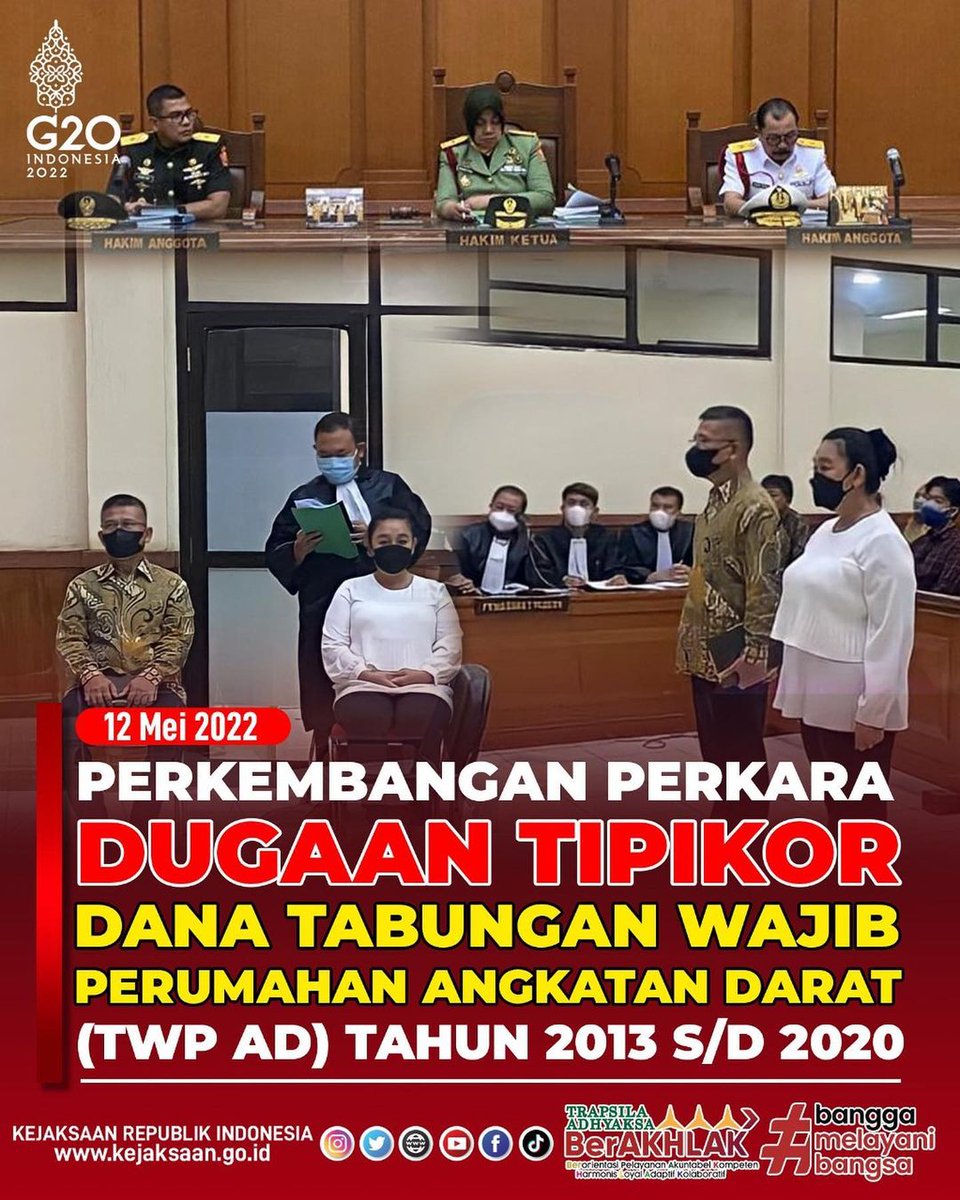 KejaksaanRI's tweet photo. Kamis 12 Mei 2022 bertempat di Pengadilan Militer Tinggi II Jakarta, telah dilaksanakan sidang dengan agenda Pembacaan Eksepsi dari Penasihat Hukum Terdakwa I Brigadir Jenderal TNI YUS ADI KAMRULLAH, S.E., https://t.co/JHsdqlJgzO. dan Terdakwa II NI PUTU PURNAMASARI S.E. https://t.co/nyviggkgkv