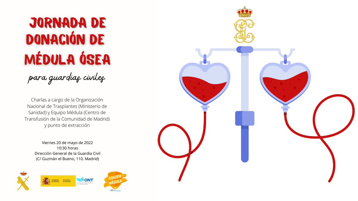 Mañana ➡️Jornada de Donación de Médula Ósea para guardias civiles

Organizada junto a <a href="/guardiacivil/">Guardia Civil</a> y <a href="/equipomedula/">Equipo Médula</a>. La hematóloga de la <a href="/ONT_esp/">Organización Nacional de Trasplantes</a>, <a href="/LolaHerMaraver/">Lola Hernandez MD,PhD</a>, dará una charla para todos los agentes que participen. ¡Os esperamos, <a href="/guardiacivil/">Guardia Civil</a>! #OrgulloONT