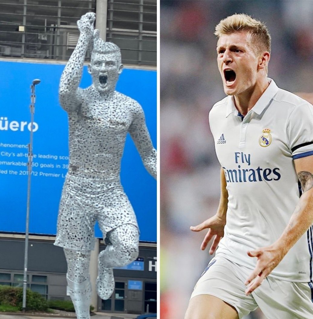 PurelyFootball's tweet photo. Man City’s new statue of Aguero has a striking resemblance of Toni Kroos😂 https://t.co/JfgGMV3XCw