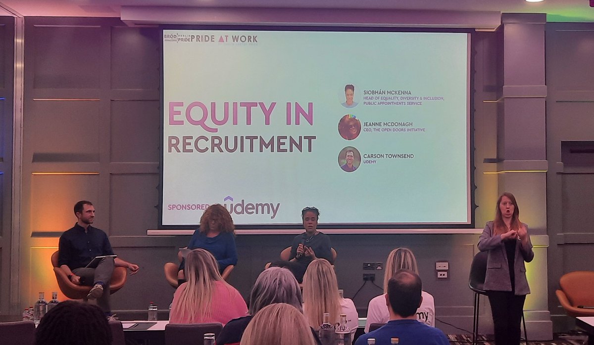 DublinPride's tweet photo. Kicking off Day 2 of #prideatwork22 with 'Equity in Recruitment' with Siobhán McKenna @Publicjobsie, Jeanne McDonagh @OpenDoorsToWork & Carson Townsend @udemy 💼🌈
Sponsored by @udemy https://t.co/E8VGJ76Y9k
