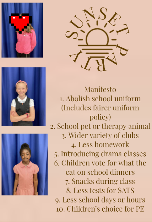 Last week, we held an election to support the British Value of Democracy. Our Ambassadors split into four different parties. They wrote their own manifestos and campaigned to get votes on voting day (5th May). We are pleased to announce that the Sunset party won.