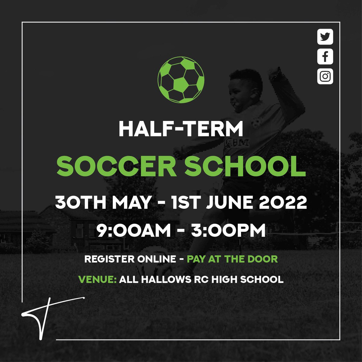 Teamsport Coaching Soccer School ⚽️ 

📍All Hallows High School, M6 8AA
🗓 Mon 30th May - Wed 1st June 2022
⏰ 9:00am - 3:00pm
❓Boys &amp; Girls Aged 6-14 

To book your place or find out more please visit: teamsportcoaching.com/soccer-school